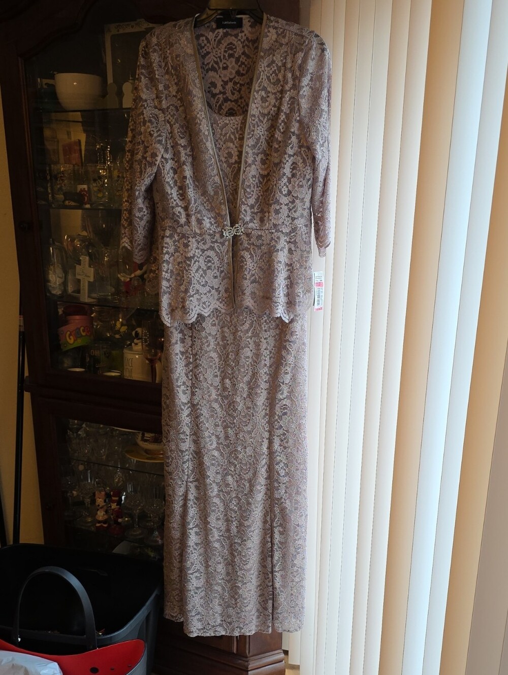Lace Long-Sleeve Evening Dress in Champagne